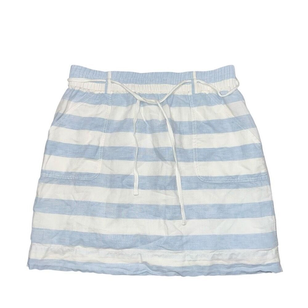 LOFT Blue & White Striped Linen Blend Elastic Waist Skirt  Size M